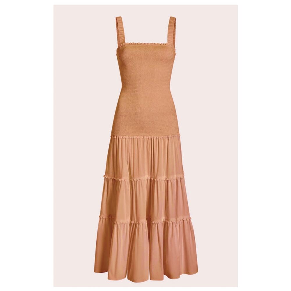 NEW Cinq a Sept Tan Smocked Midi Dress - Picture 2 of 8